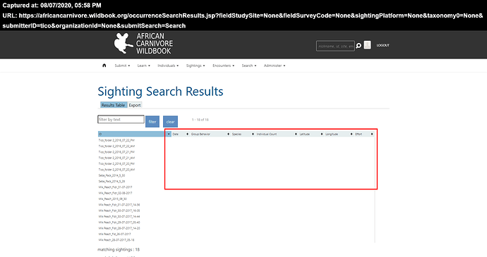 Sighting Search Results window_no data